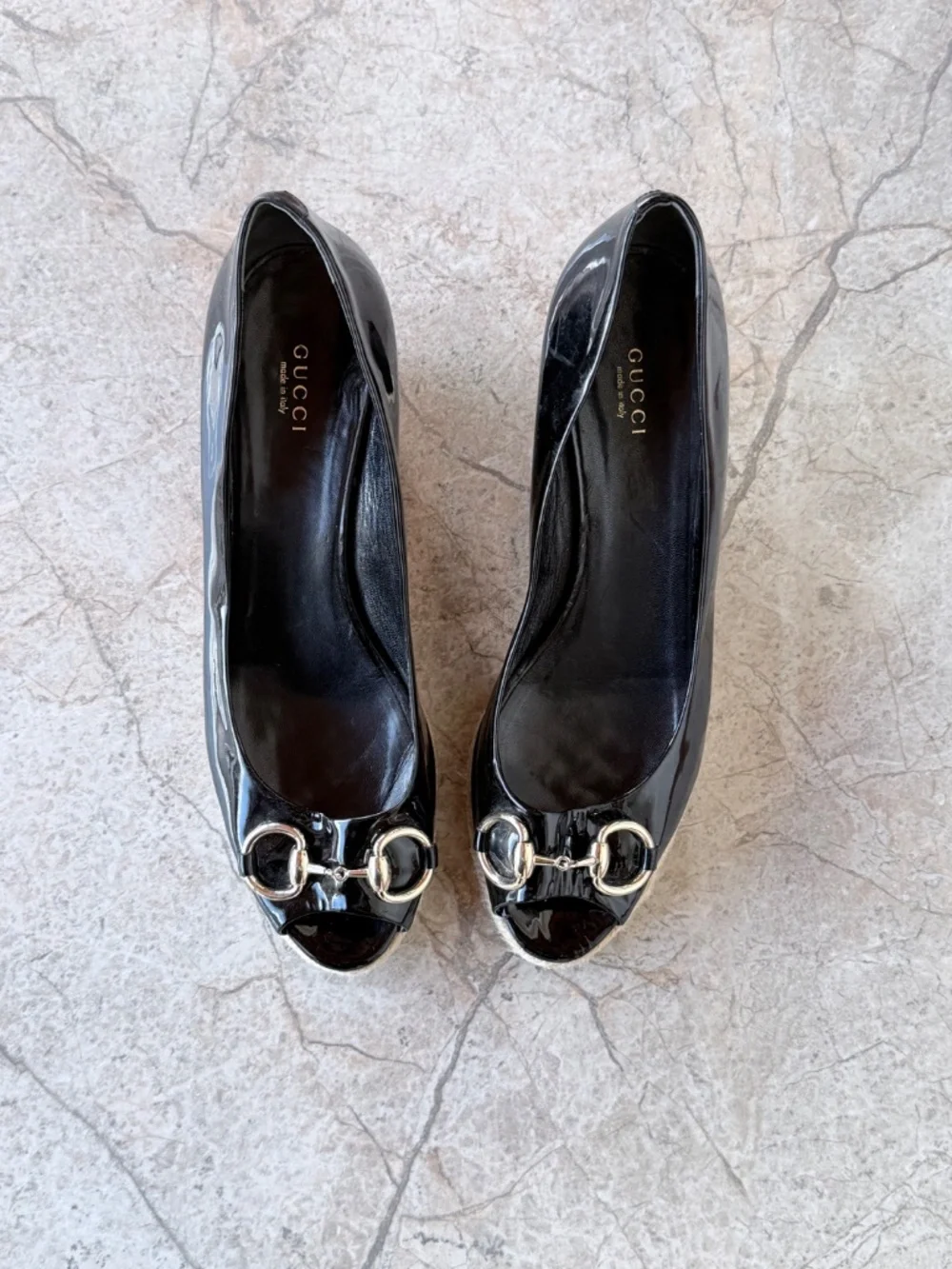 Gucci Black Patent Leather Horsebit Espadrille Peep Toe Wedge Pumps
